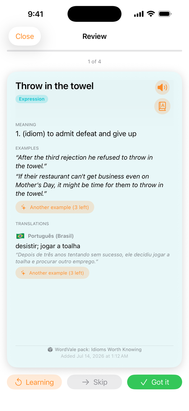 A WordVale flashcard showing the idiom 'throw in the towel' with its meaning, examples and Portuguese translation
